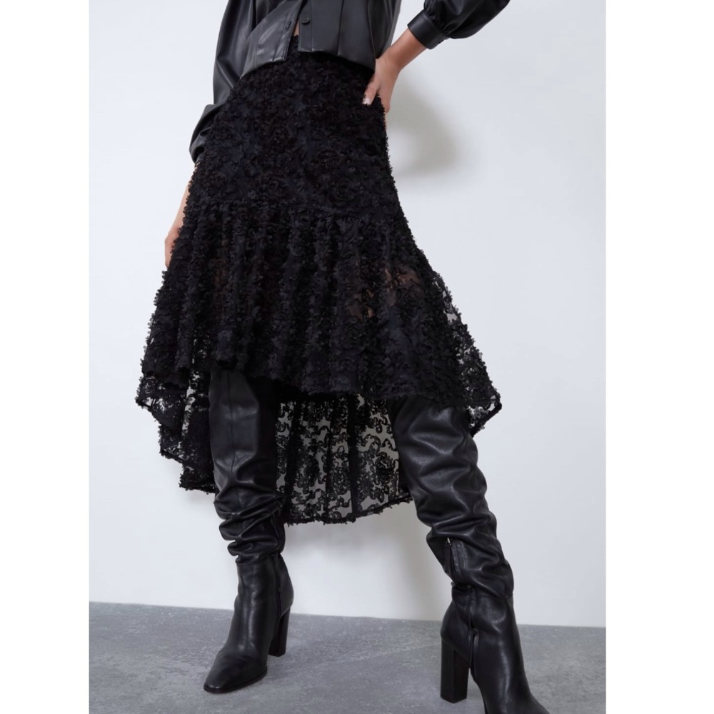 Zara ruffled hi low black skirt 2020
